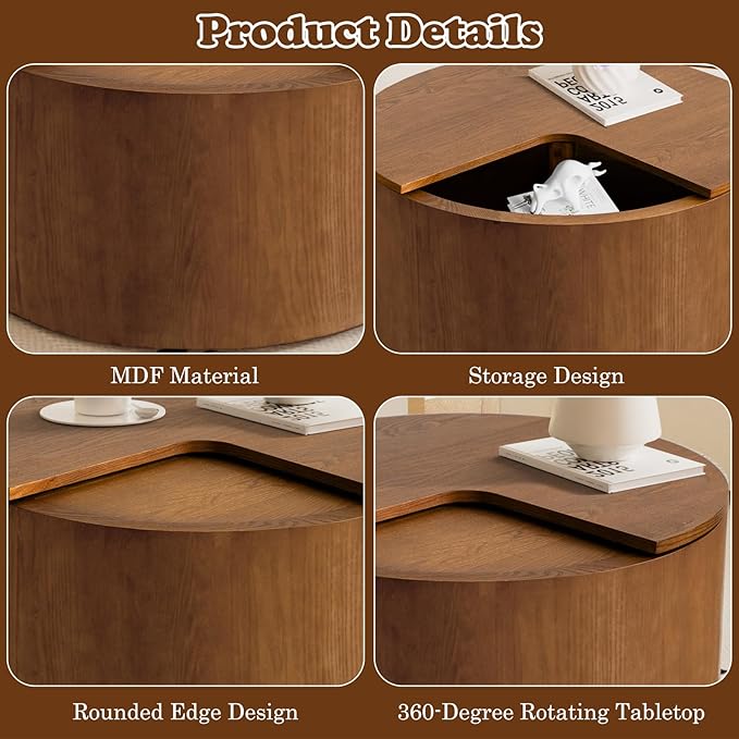27.16" Round Coffee Table with Storage Modern Handcraft Drum Coffee Table Circle Wood Accent Center Table Small Side Table for Living Room Apartment, Small Space (Round Brown)