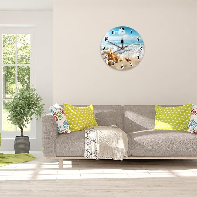 Ocean Sea Beach Starfish Seashell Wall Clock Battery Operated 10 in Round Wall Clocks Slilent Non Ticking Quartz Analog Clock for Bedroom Kids Living Room Classroom Decor