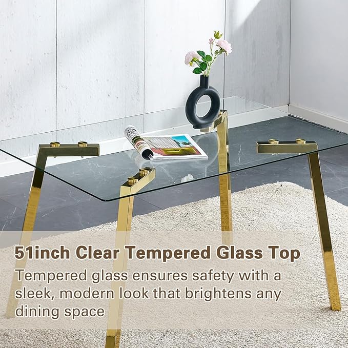51" Glass Dining Table Set for 4,Small Kitchen Room Dining Table Set 4 with Chairs,Tempered Glass Top with Gold Legs,Easy to Assemble,Dinette Breakfast Nook