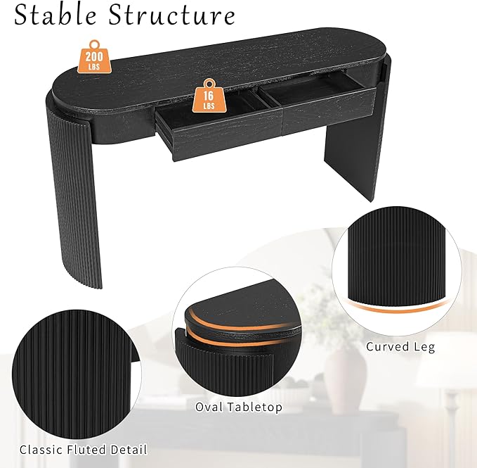 55.1" Entryway Narrow Console Table with Drawers, Oval Top & Fluted Legs, Natural Wood Grain Sofa Table for Hallway, Foyer, Behind Couch, Accent Table for Living Room, Solid Wood + MDF (Black)