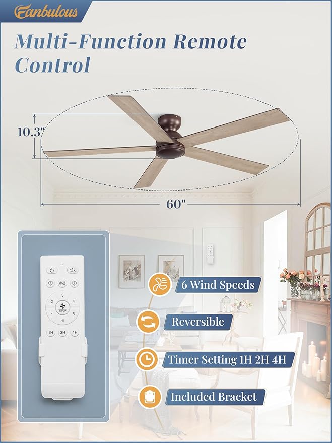 60 Inch Low Profile Ceiling Fan no Lights, Brown Farmhouse Ceiling Fan without Light, 6-Speeds, Quiet Reversible DC Motor, Indoor/Outdoor Ceiling Fans for Patio, Living Room, Bedroom