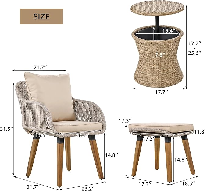 5-Piece Patio Conversation Sofa Set, Rope-Woven Furniture Set with Rattan Cool Coffee Table, Outdoor Furniture Setwith 2 Footstools for Garden, Backyard, Balcony, Brown