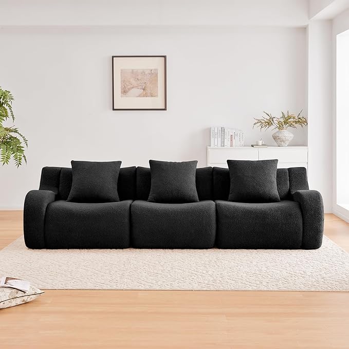 Black 3-Seater Cloud Couch, Modern Teddy Fabric Boneless Sectional Sofa in a Box for Living Room, Modular Floor Couch, Deep Seat, No Assembly Required, Sofas para Sala