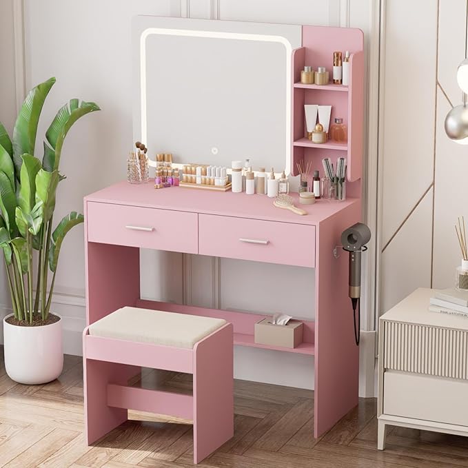 Makeup Vanity with Lighted Mirror & Electrical Outlet - 2 Shelves, 2 Drawers, Bottom Storage - Comes with Upholstered Stool （Pink）