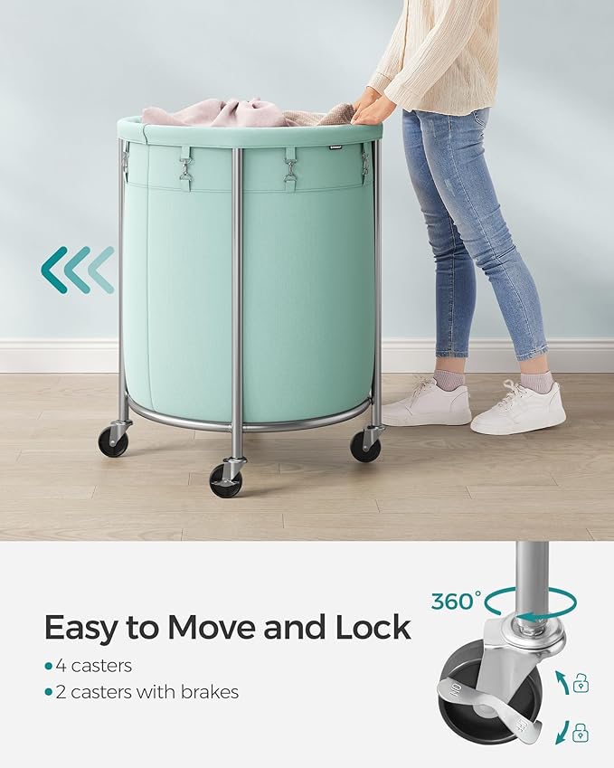SONGMICS 50.2-Gallon (190 L) Laundry Basket with Wheels, Rolling Round Heavy-Duty Laundry Hamper Cart with Steel Frame and Removable Bag, 2 Locking Wheels, Mint Green and Metallic Silver URLS001C01
