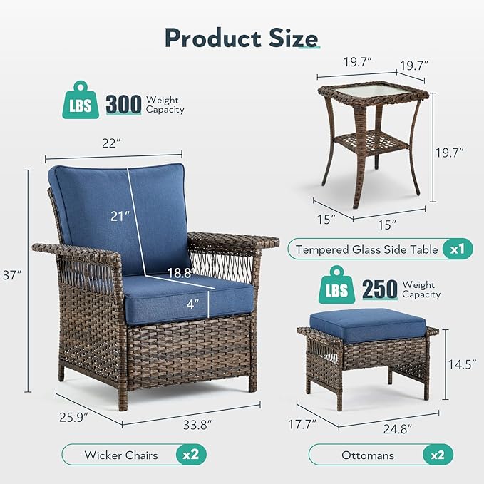 5 Pieces Wicker Patio Furniture Set - Hollow Widen Armrests Outdoor Rattan Chairs with Ottomans and Side Table, Small Patio Convention Set for Balcony Porch Deck and Yard - Brown/Blue