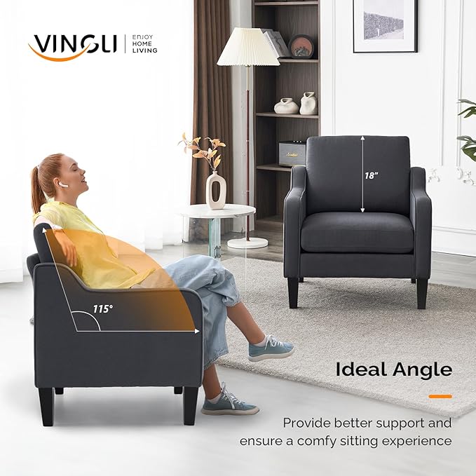 VINGLI Mid-Century Modern Accent Chair, Dark Grey Linen Upholstered, Comfortable & Supportive, 380lbs Weight Limit, Perfect for Living Room, Bedroom, Office