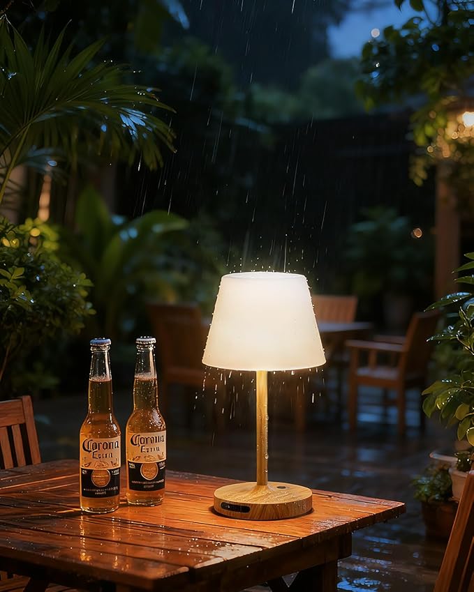 Outdoor Waterproof Shower Lamp, 5200mAh Cordless Rechargeable Table Lamp with Touch Dimming, IP65 Wireless LED Night Light for Patio, Camping, Bathroom, Restaurant & Kitchen (Wood Grain)