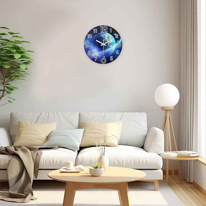 Blue Decorative Wall Clock for Living Room 16 Inch Round Analog Glow in The Dark Wall Clocks Battery Operated Quite Wall Clock Non Ticking