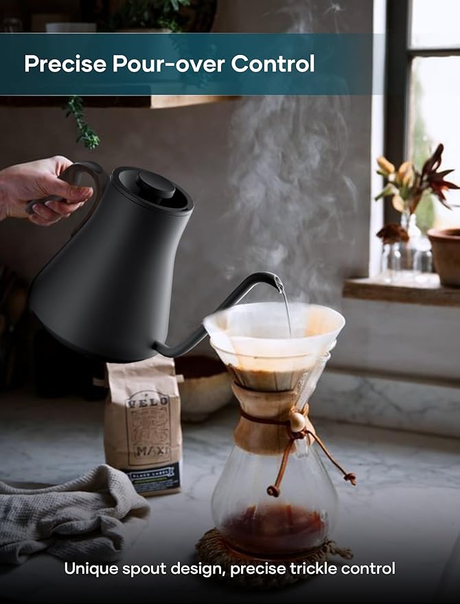 Electric Kettle, Gooseneck Electric Kettle, ±1℉ Precise Temperature Control, Stainless Steel Interior, Quick Heating for Pour Over Coffee, Tea & Boiling Water, 0.9L (Onyx Black)