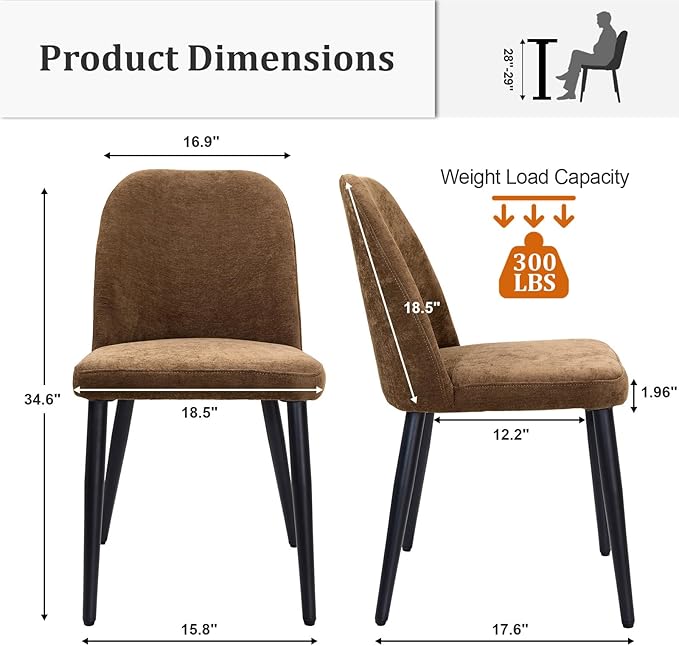 Upholstered Dining Chairs Set of 4, Mid Century Modern Fabric Dining Room Chair High-Back Padded Kitchen Chairs with Padded Seat and Metal Legs for Kitchen Dining Room Restaurant Cafe, Brown