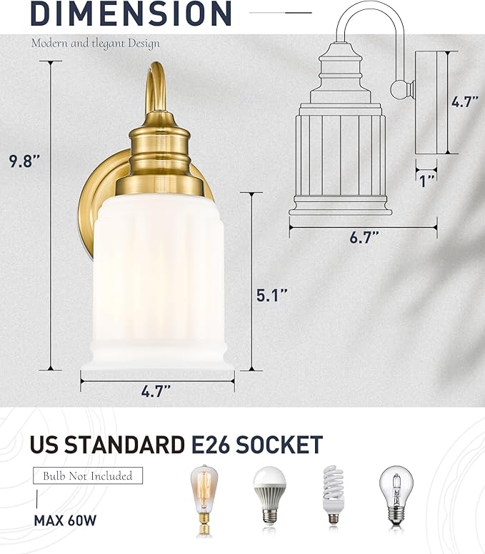 Modern Wall Sconces Set of Two, HWH Brushed Gold Bathroom Vanity Light, Antique Brass Wall Light Fixtures with Frosted White Bell-Shaped Glass, 5HZG106B-2 BG