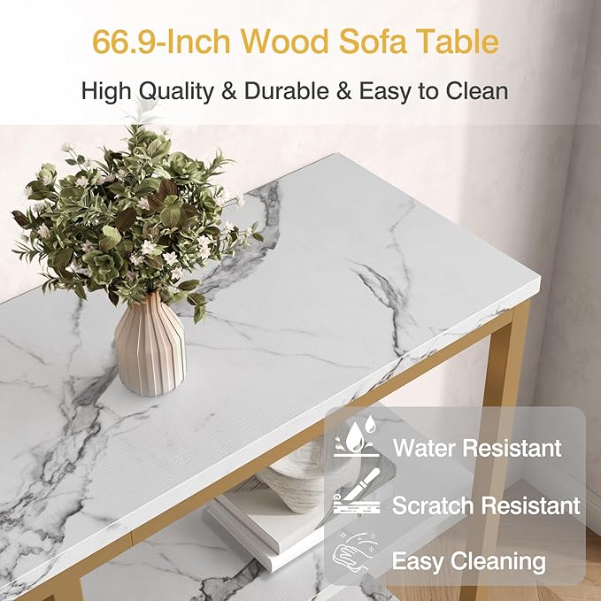 66.9-Inch Sofa Tables Narrow Long, 3 Tier Extra Tall Console Table Industrial Behind Couch Table Gold Large Console Tables for Living Room, Entryway, Hallway (White+Champagne Gold)