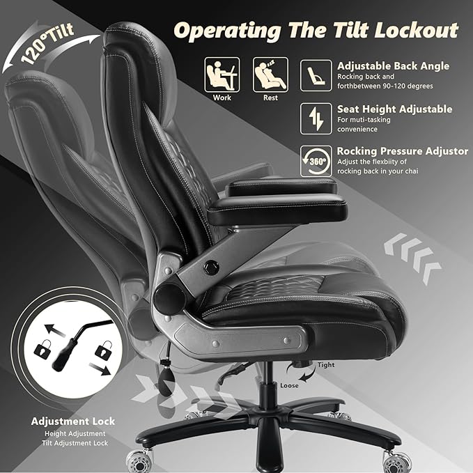 650LBS Big and Tall Office Chair with 5D Flip Arms and Thick Pocket Spring Cushion, Extra Wide Heavy Duty Office Chair with Adjustable Lumbar Support, Large High Back Computer Chair Dual Rubber Wheel