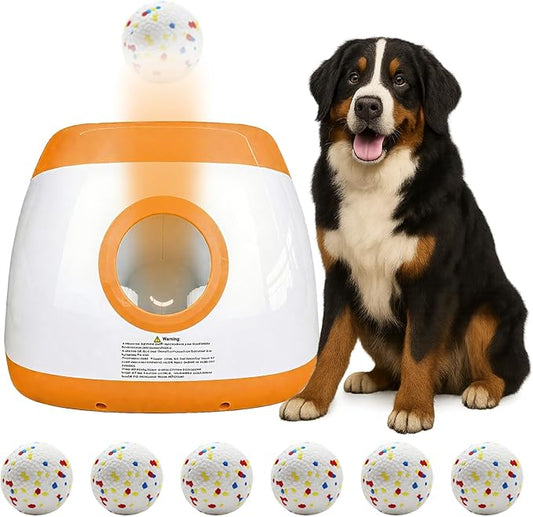 Large Automatic Dog Ball Launcher with 6 Tennis Balls (2.5"), Dog Ball Thrower for Medium & Large Dogs, 3 Adjustable Distance 26-78FT, Remote Control Launcher for Outdoor