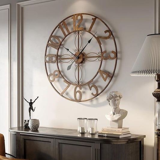 Cuspin Large Retro Rustic Bronze 36 Inch Silent Non-Ticking Battery Operated Metal Round Arabic Numerals Analog Wall Clock for Living Room, Kitchen, Office, Bedroom, Dining Room