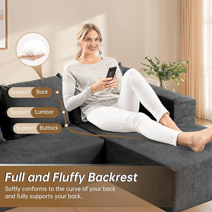 ANONER 103” Cloud Sectional Sofa L-Shaped Boneless Couch, Modern Minimalist Modular Free Combination Foam Sofa with Deep Seat for Living Room, No Assembly Required, Dark Grey