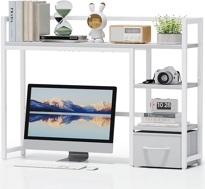 Marbrasse Desk Shelf with Drawer, 40" Desk Hutch for Computer Monitor, Desk Shelf for top of Desk, Wooden Desktop Bookshelf Storage Rack for Home Office Dorm - White