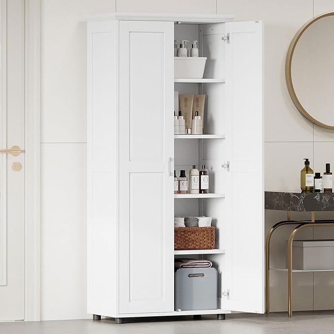 Tall Storage Cabinet with Two Doors for Bathroom, Kicthen or Living Room, 5 Tiers, Adjustable Shelf, Painted Finish, White