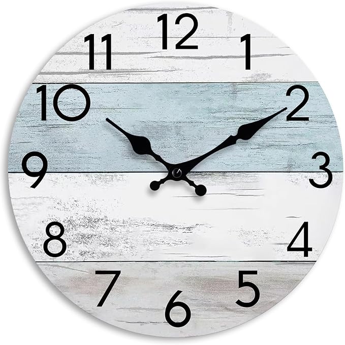 Wall Clock Silent Non-Ticking Wooden Clocks Battery Operated 12 Inch Small Country Retro Rustic and Beach Style Decorative for Living Room, Kitchen, Home,Bathroom, Bedroom (Blue)