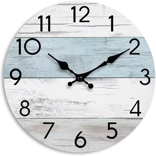 Wall Clock Silent Non-Ticking Wooden Clocks Battery Operated 12 Inch Small Country Retro Rustic and Beach Style Decorative for Living Room, Kitchen, Home,Bathroom, Bedroom (Blue)
