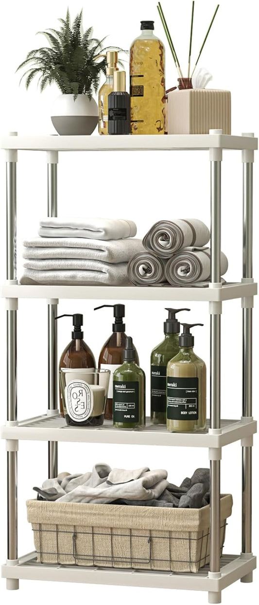 4 Tier White Plastic and Metal Freestanding Shelf Bathroom Organizer, Shelving Unit Storage Rack Organizer for Home, Garage, Basement, Shed and Laundry Room