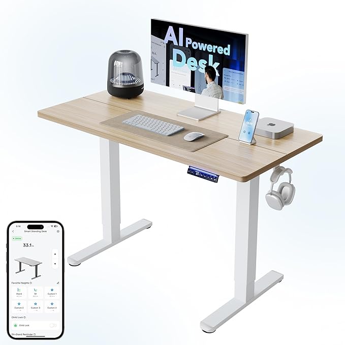 HUANUO AI-Powered Electric Standing Desk with Smart APP, Compatible with Alexa & Google, Adjustable Height, 6 Memory Settings, Sedentary Reminder, Ergonomic Sit-Stand Desk, 48-inch, Light Walnut