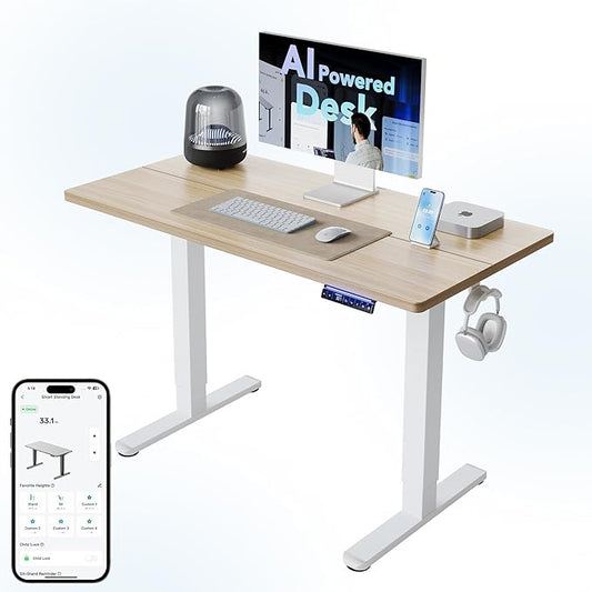 HUANUO AI-Powered Electric Standing Desk with Smart APP, Compatible with Alexa & Google, Adjustable Height, 6 Memory Settings, Sedentary Reminder, Ergonomic Sit-Stand Desk, 48-inch, Light Walnut