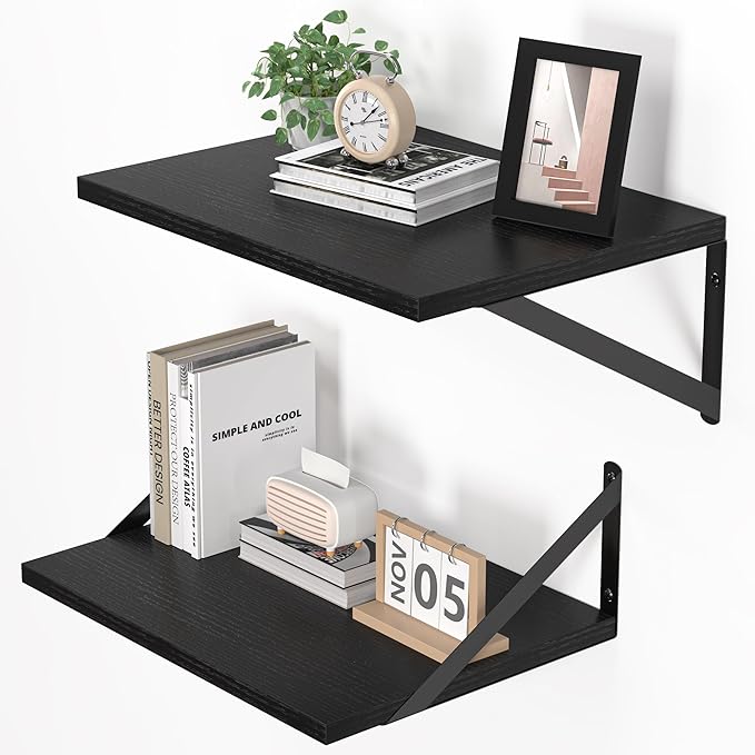 Heimlove Black Deep Floating Shelves for Wall, 16W x 12D Wood Wall Shelves Set of 2, Wide Floating Bookshelf for Living Room, Kitchen, Office, Bedroom and Decor Storage, with Metal Bracket - Black