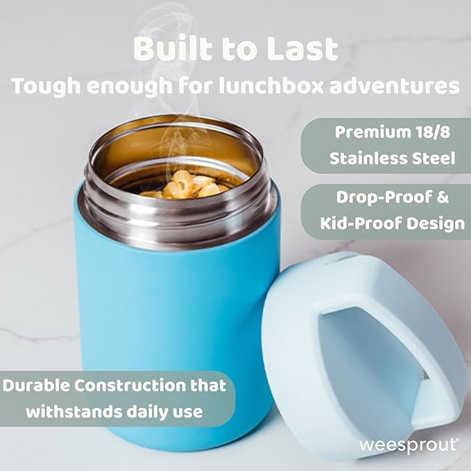 WeeSprout Insulated Stainless Steel Lunch Thermos, Soup Bottle for Hot & Cold Foods, 12 oz Jar for Children, Kid-Friendly Handle, Leakproof Container, Termos Para Comida Caliente (Blue + Navy)