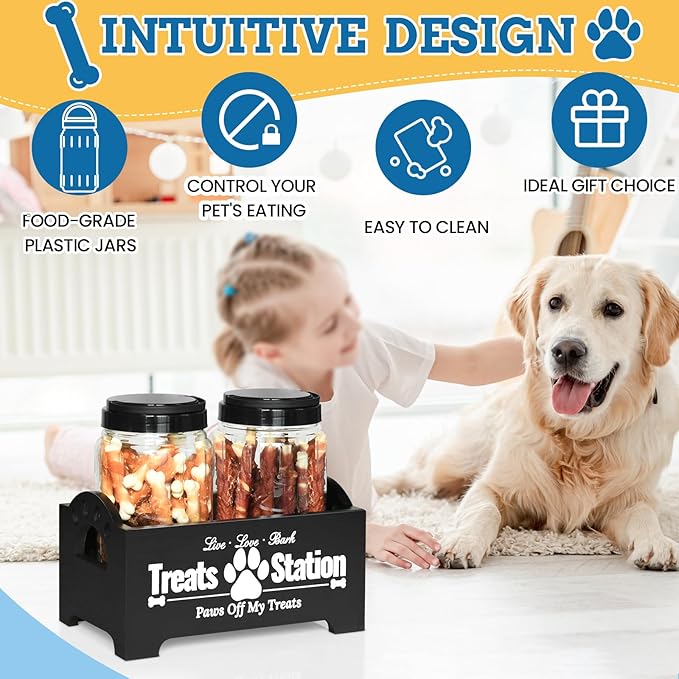 Dog Treat Container Dog Food Container for Dog Food Storage, Farmhouse Cat Food Container Pet Food Storage Organizer, Wood Dog Treat Holder with 2 Plastic Cat Dog Treat Jars, Black Cat Treat Container