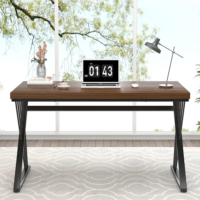 FOLUBAN Home Office Desks, Modern Wood and Metal Writing Study Work Table, Industrial Computer Desk for Bedroom Living Room, Rustic Walnut, 47 Inch