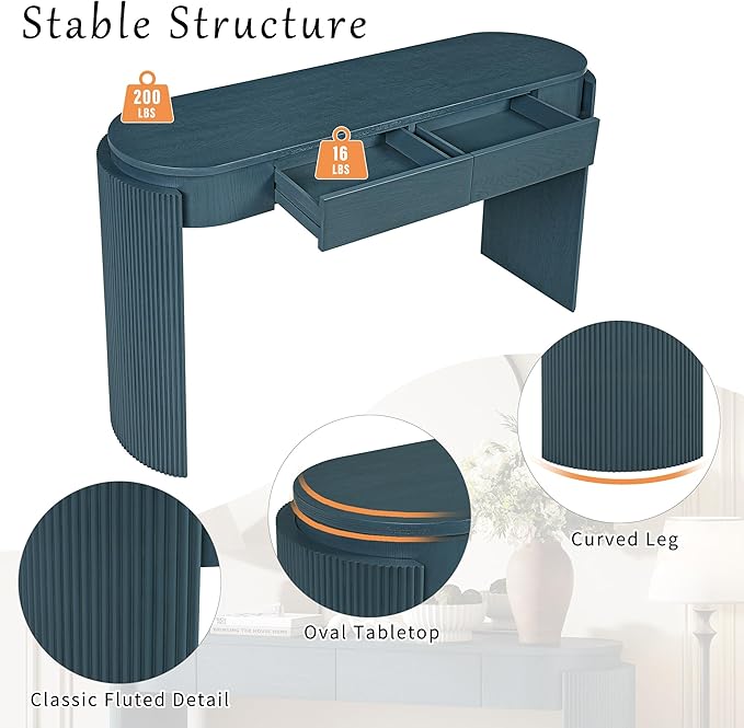 MTHOUSE 55.1" Entryway Narrow Console Table with Drawers, Oval Top & Fluted Legs, Natural Wood Grain Sofa Table for Hallway, Foyer, Behind Couch, Accent Table for Living Room, Solid Wood + MDF (Navy)