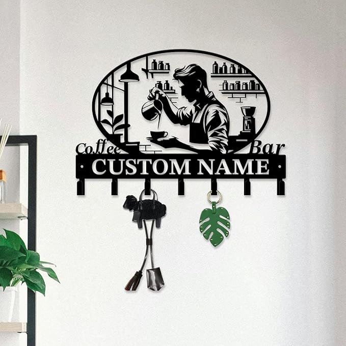 Coffee Bar Keys Holder - Metal Iron Wall Hooks with Custom Name | Personalized Home Decor & Gift Idea | Coffee-Themed Text Engraving Design (Style E)