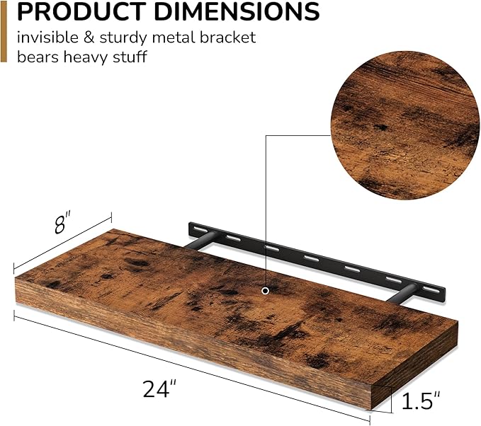 Fun Memories 24 Inch Floating Shelves - Deep Rustic Wooden Wall Shelves - Extra Deeper & Thicker Wall Mounted Storage Shelf for Bedroom, Kitchen, Farmhouse - 2 Pack, Rustic Brown