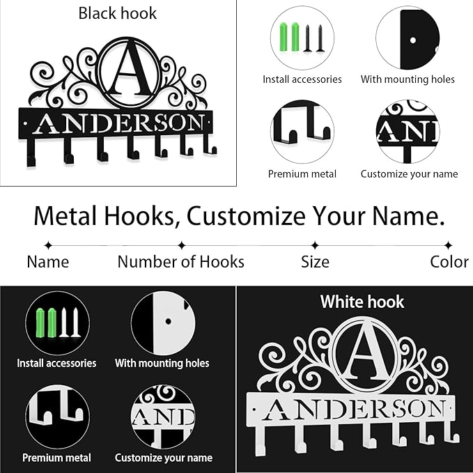 Personalized Key Hooks for Wall,Custom Initial Name Key Holder Wall Mounted,Fashion Monogram Coat Rack,Metal Key Hanger with Hooks,Key Rack Organizer for Entryway,Hallway,Doorway
