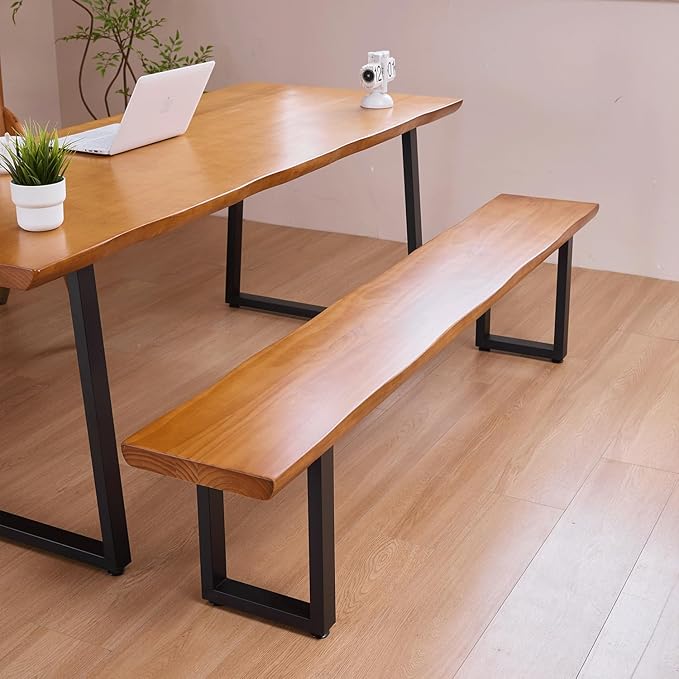 Durable Solid Wood Top Bench with Sturdy Metal Legs – Versatile Dining & Office Seating - Multi-Size Options Ideal for Living Room, Dining Room, and Home Office(Dark yellowbench, 55.12in)
