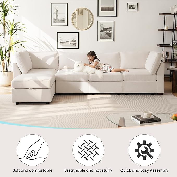 TEKAMON 96" Modular Sectional Sofa,Large Comfy Cloud 3-Seat Deep Seat,Reversible Chaise Modular Sectional Couches for Living Room and Apartmenr,Beige