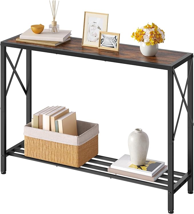 Tajsoon Console Table 41.8”, 2-Tier Industrial entryway Table, Narrow Sofa Table with Shelves, Entrance Table for Entryway, Hallway, Living Room, Foyer, Corridor, Office, Rustic Brown