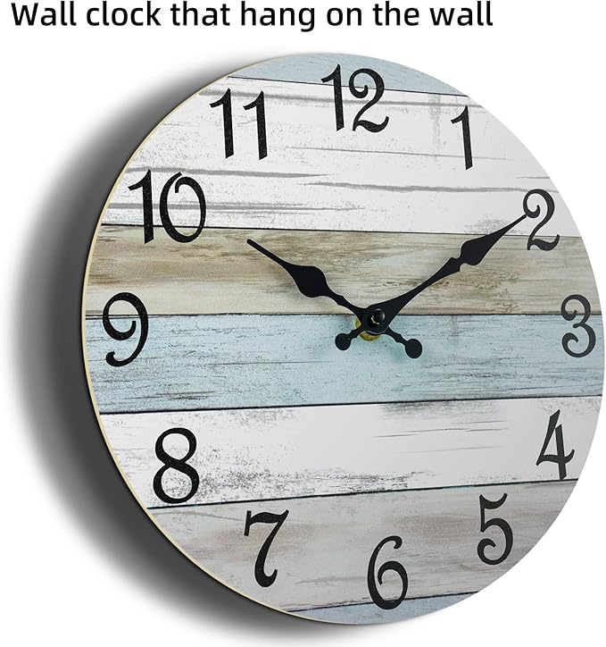 CHYLIN Wall Clock - 16 Inch Silent Non Ticking Coastal Wall Clocks Battery Operated, Wooden Rustic Farmhouse Clock Decorative for Living Room, Kitchen, Bathroom, Office (Blue)