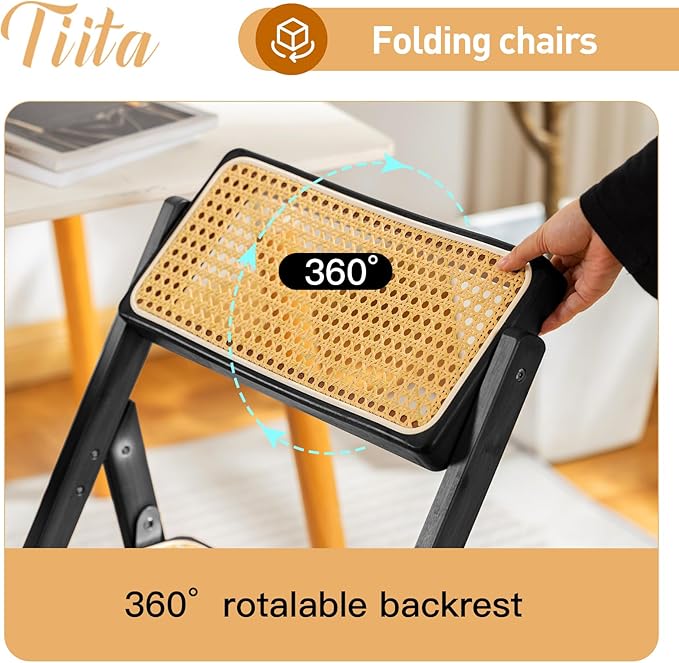 Tiita Rattan Dining Chairs Set of 2, Mid Century Modern Folding Chair, Bamboo Folding Dining Chairs for Small Space, Dining Room, Living Room, Bedroom, Black