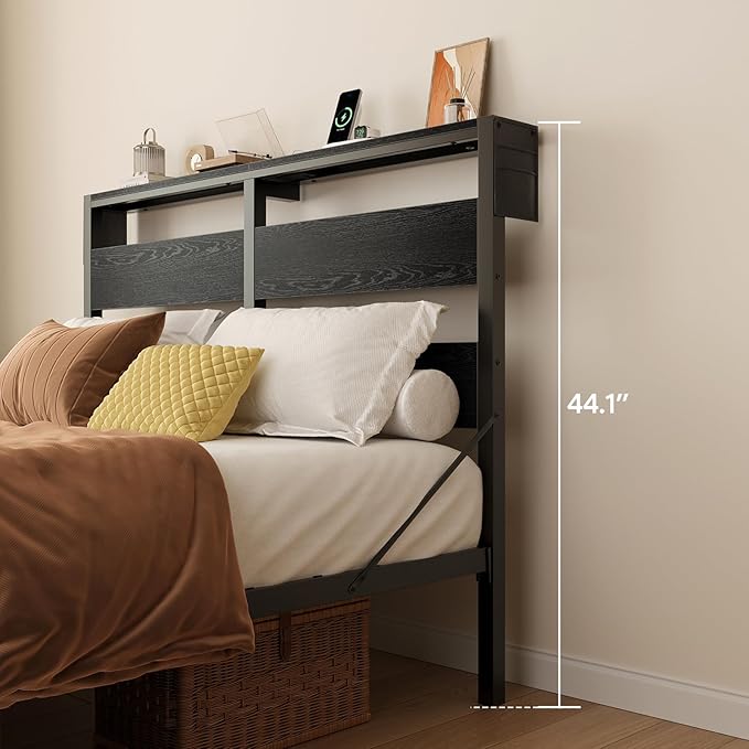 Bestier Queen Bed Frame with Headboard Storage and Charging Station, Black Platform Bed Frame with LED Light, Non-Slip Metal Bed Frame Queen Size, Noise-Free, Easy Assembly, Black