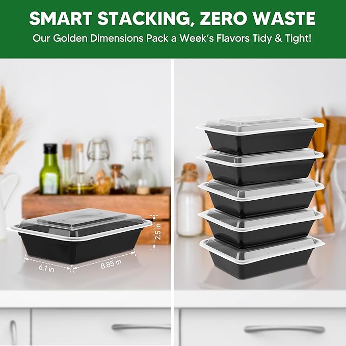 50 Pack Meal Prep Containers with Lids 38oz - BPA-Free, Reusable, Leakproof Food Storage Containers - Microwave/Dishwasher/Freezer Safe, To Go Take Out Plastic Food Storage Pans(Black)