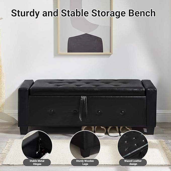 48" Faux Leather Ottoman with Storage, Tufted Storage Ottoman Bench with Safety Hinge, Rectangular Extra Long Bench for Bedroom, Living Room, Entryway and Window, Black