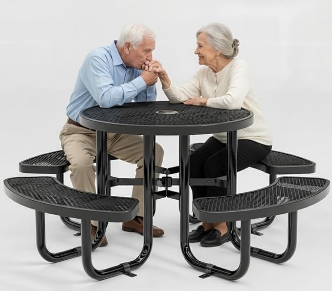 Metal Picnic Tables for Outdoors with Umbrella Hole - Coated Steel Heavy Duty Commercial Grade Furniture Set with Adjustable Seats (Black, 38 in, Round, Expanded Steel)