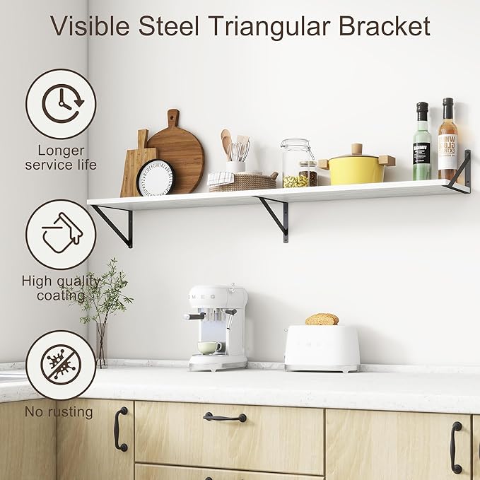 Floating Shelves 55 Inch Long, 10" Deep Floating Shelves, White Wall Shelves 55 x 10, Set of 2, Wide Large Display Storage Shelves for Bathroom, Living Room, Rustic Wood Shelves with Brackets