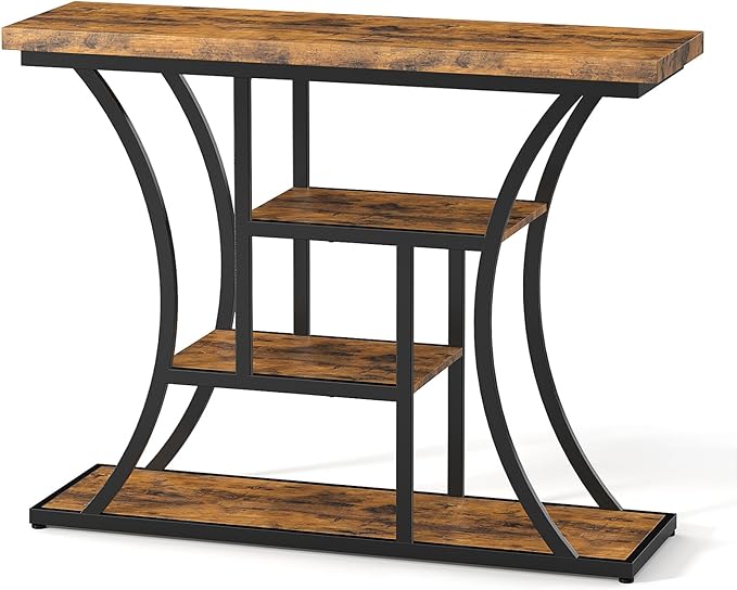 41.3'' Industrial Sofa Table with 4 Tier Storage Shelves, Narrow Long Console Table Entryway Table with Curved Metal Frame, Rustic Wood Accent Table for Hallway, Foyer, Rustic Brown