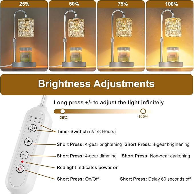 Briever Dimmable Candle Warmer Lamp with Timer, Height Adjustable Electric Candle Wax Warmer, Christmas Birthday Gifts for Women Mom, House Warming Gifts New Home Room Decor, Silver Solid Wood Base