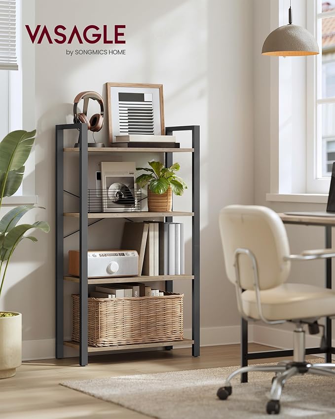 VASAGLE 4-Tier Bookshelf, Bookcase with Steel Frame, Book Shelf for Living Room, Home Office, Study, 11.8 x 26 x 47 Inches, Industrial Style, Heather Greige and Ink Black ULLS060B02