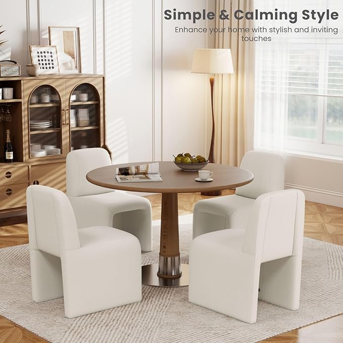 White Upholstered Chenille Dining Chairs Set of 4, Mid Century Modern Dining Room Chairs with Deep Seat & Curved Back, Armless Side Chair Comfy Kitchen Chairs for Living Room/Kitchen